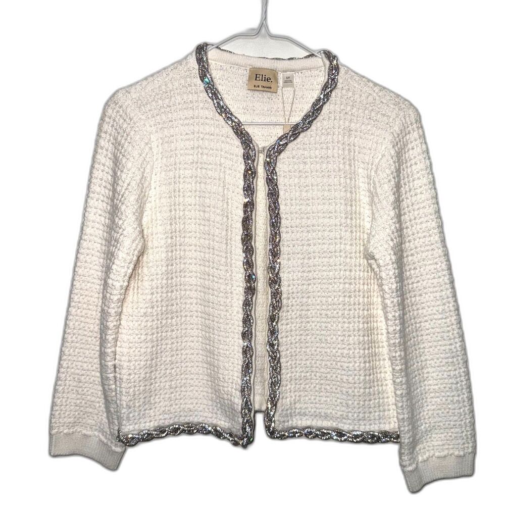 Elie Tahari Wool Blend Crystal Braided Trim Cardigan - Ivory Silver S
